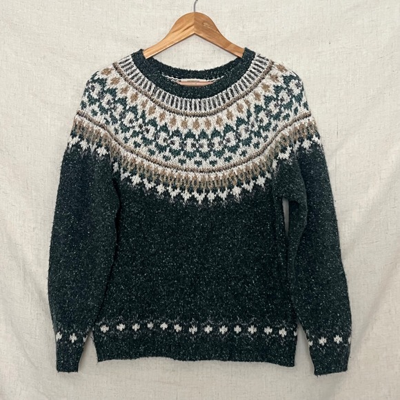 Vintage St Johns Bay Petite Large Fair Isle Sweater Forest Green Wool Blend - Picture 1 of 7